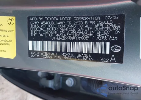 2005 Lexus Es 330 z USA, uszkodzony, nr VIN JTHBA30G855137832